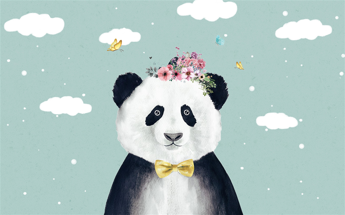 Carta da parati le nuvole sono diventate lo sfondo per un panda con i fiori