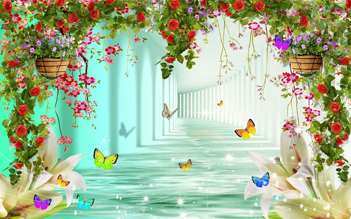 Carta da parati farfalle e fiori primaverili nel tunnel