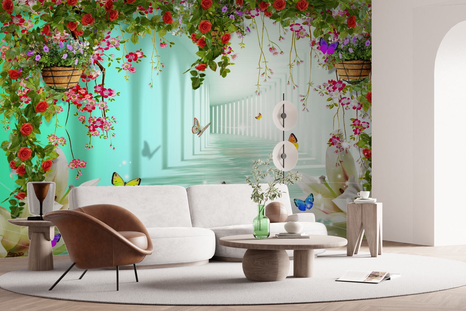 Carta da parati farfalle e fiori primaverili nel tunnel