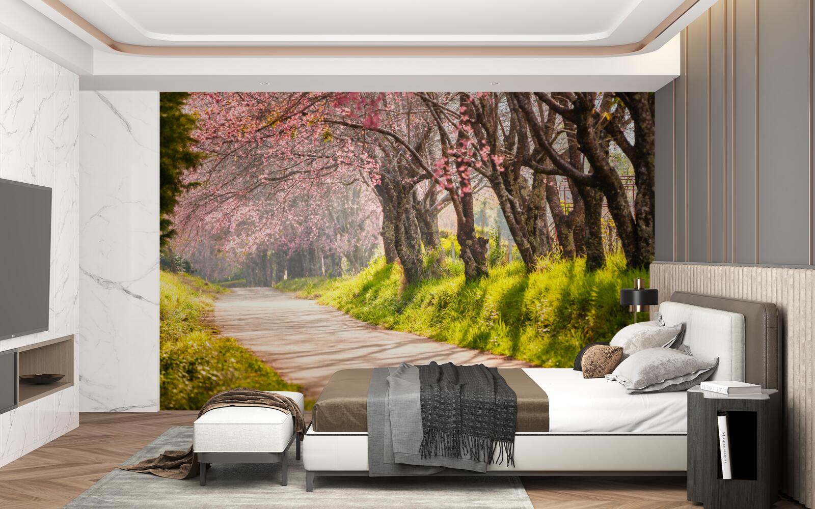 Carta da parati alberi in fiore lungo una strada tranquilla