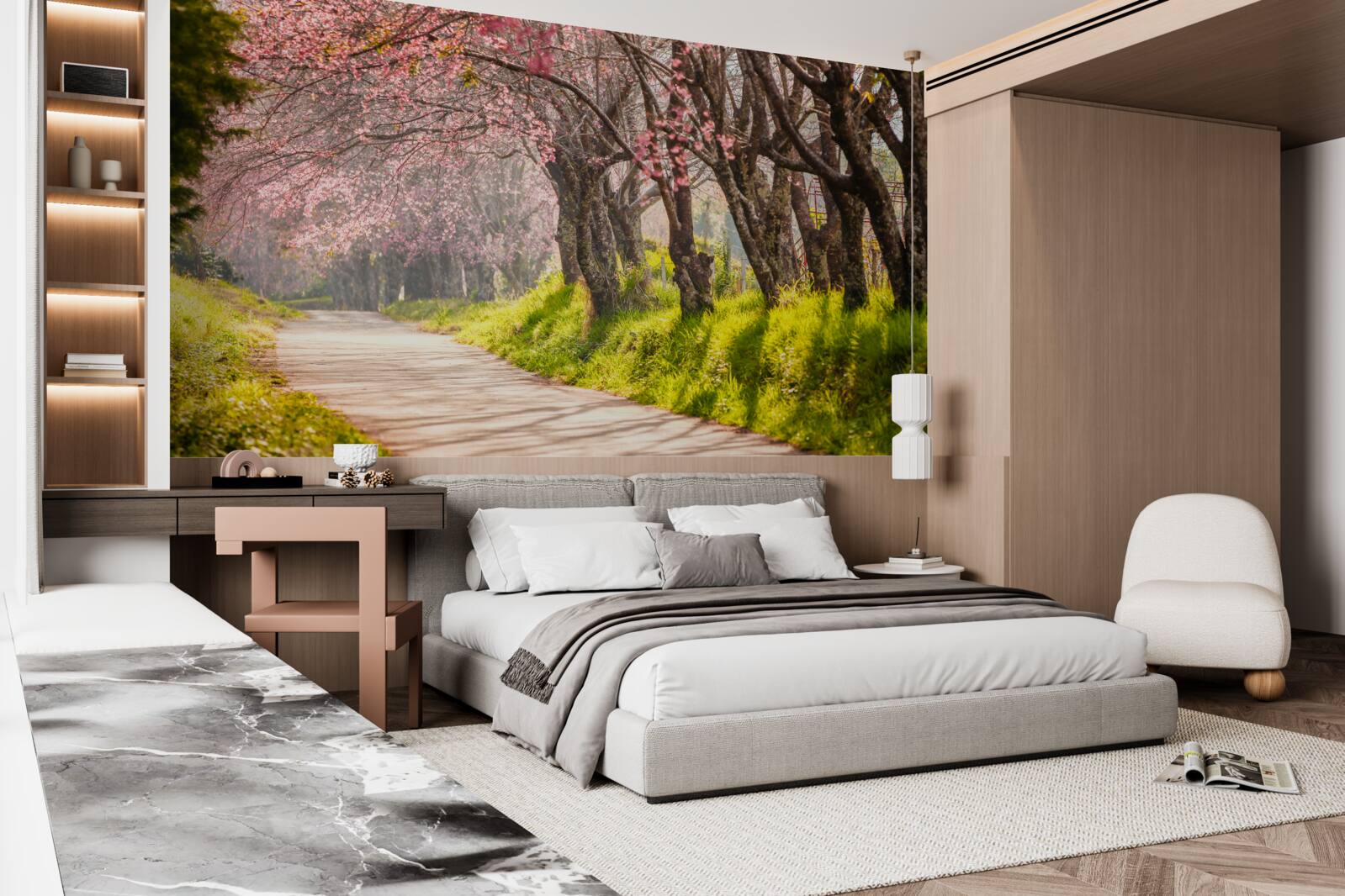 Carta da parati alberi in fiore lungo una strada tranquilla