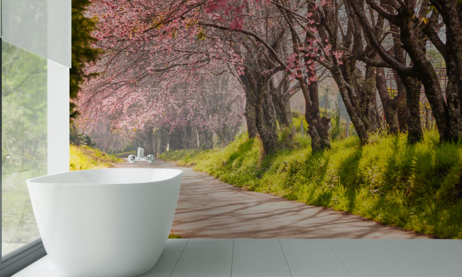 Carta da parati alberi in fiore lungo una strada tranquilla