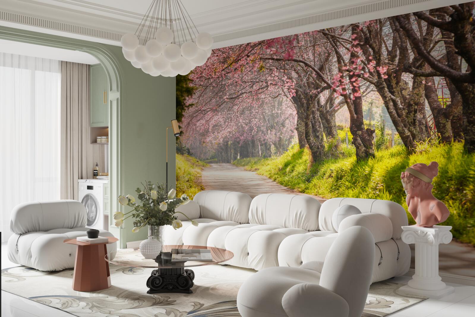 Carta da parati alberi in fiore lungo una strada tranquilla