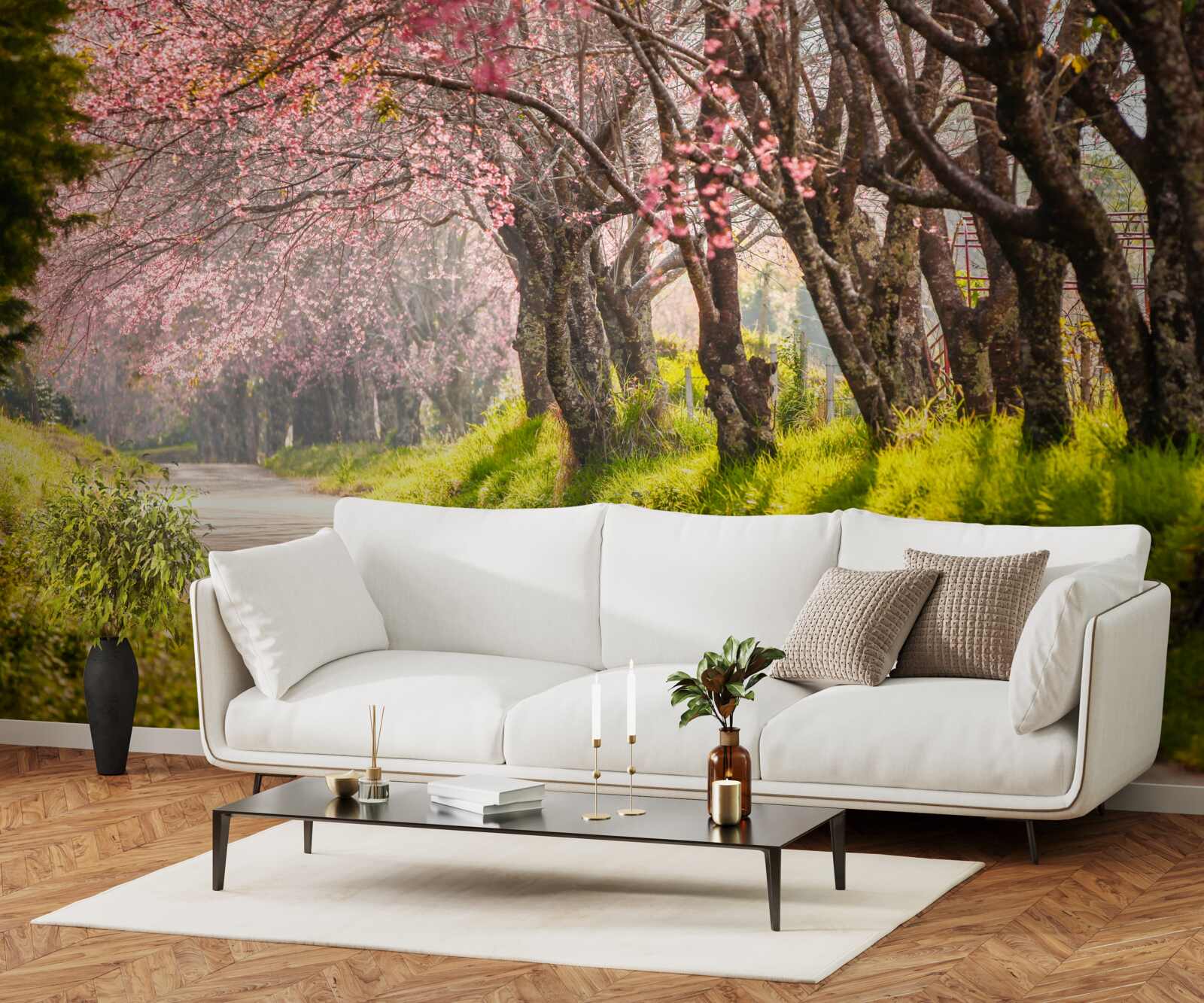 Carta da parati alberi in fiore lungo una strada tranquilla