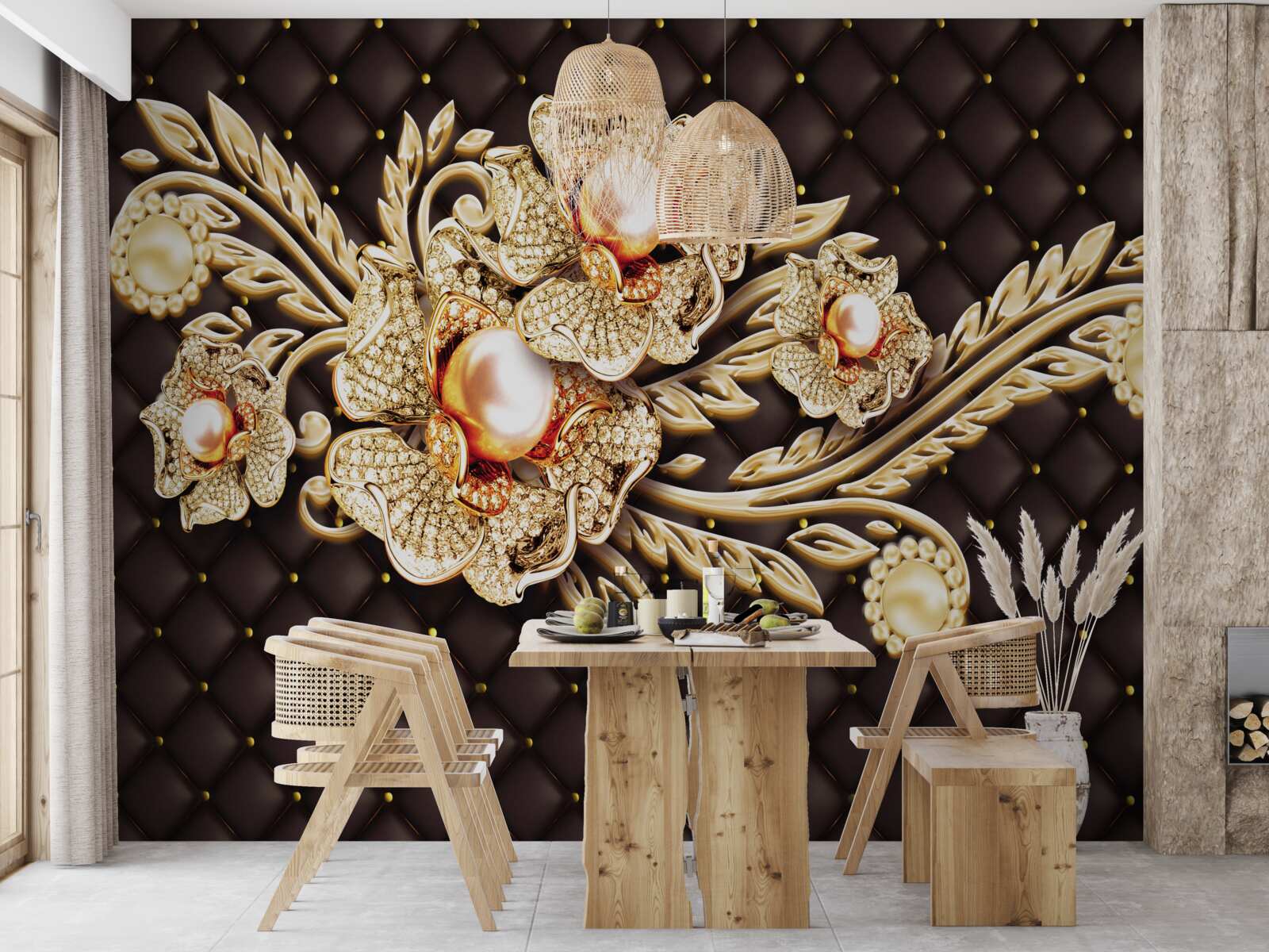 Carta da parati fiori d'oro decorati con pietre preziose