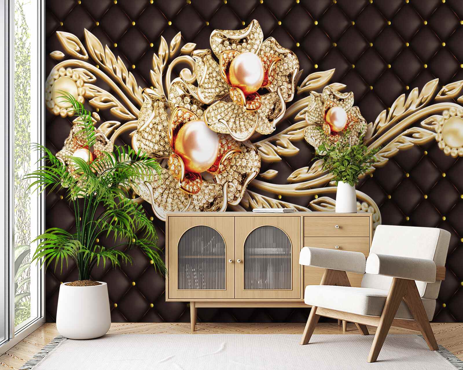 Carta da parati fiori d'oro decorati con pietre preziose