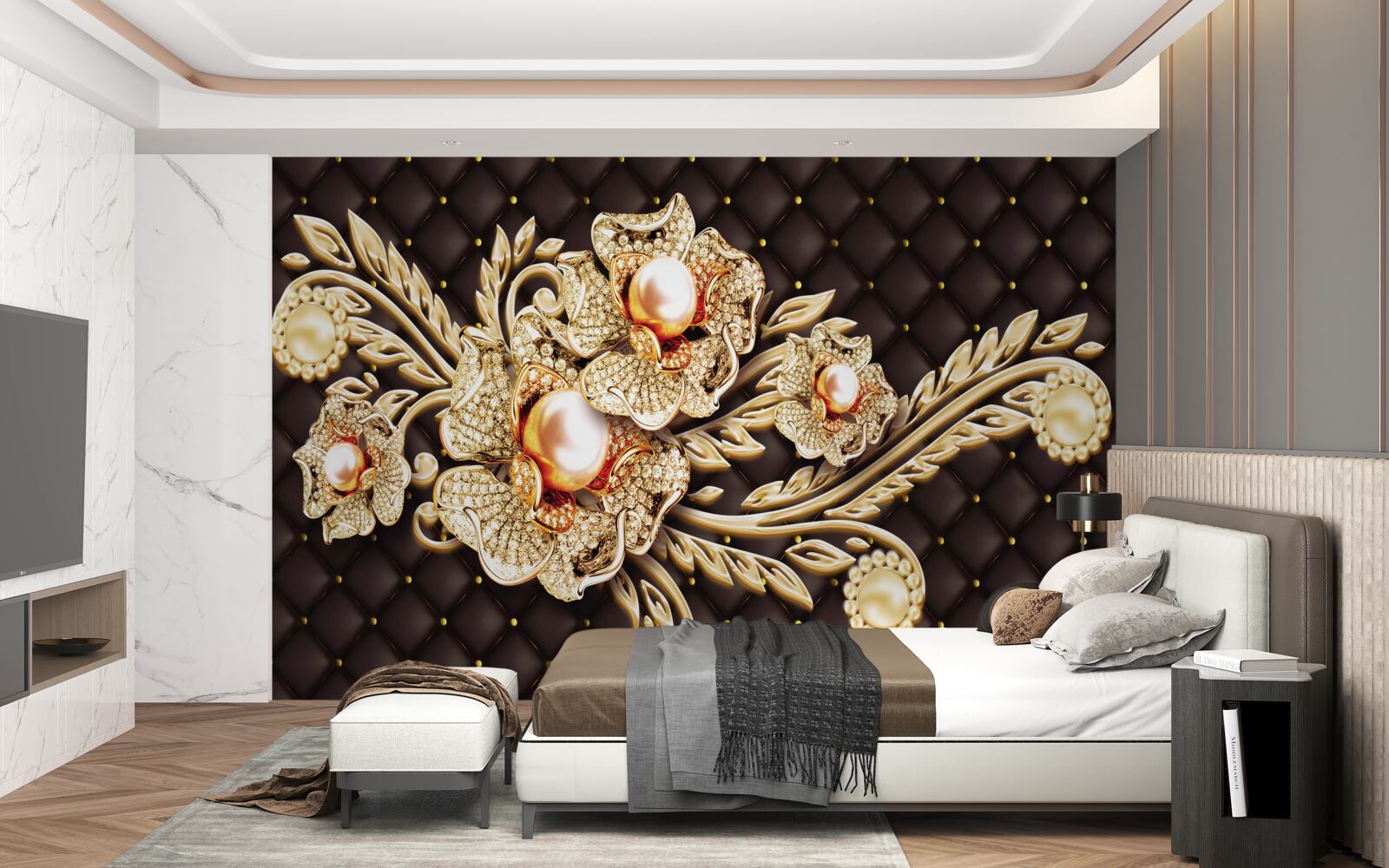 Carta da parati fiori d'oro decorati con pietre preziose