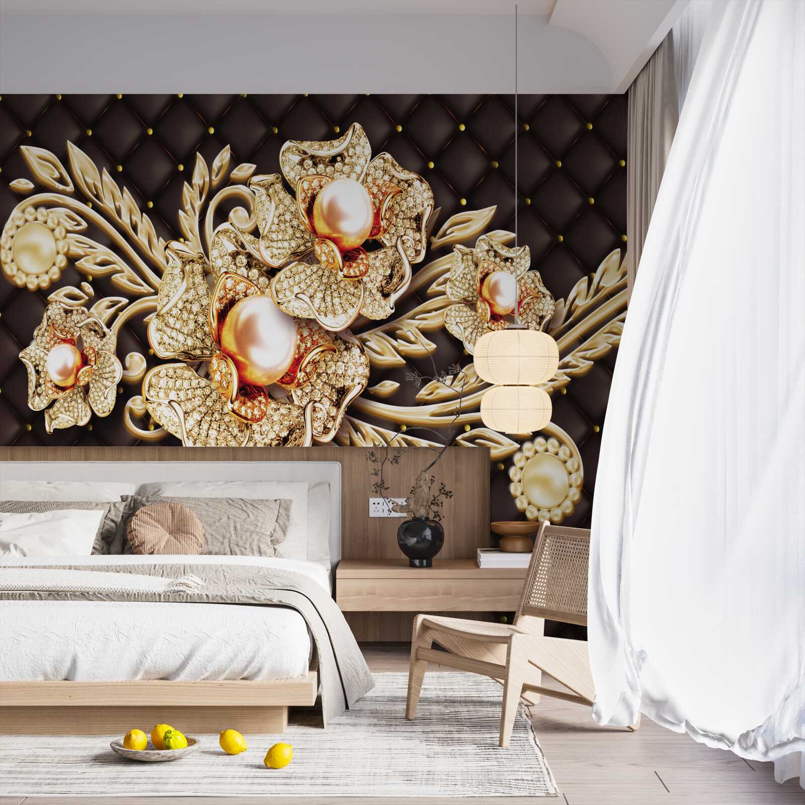 Carta da parati fiori d'oro decorati con pietre preziose