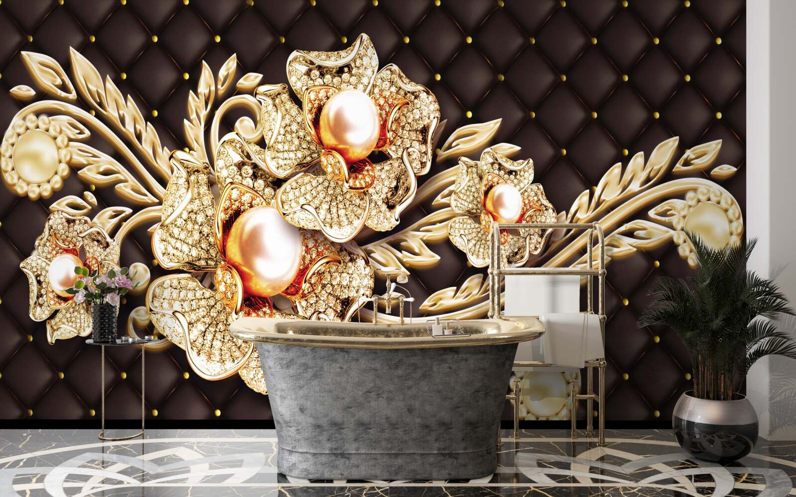 Carta da parati fiori d'oro decorati con pietre preziose