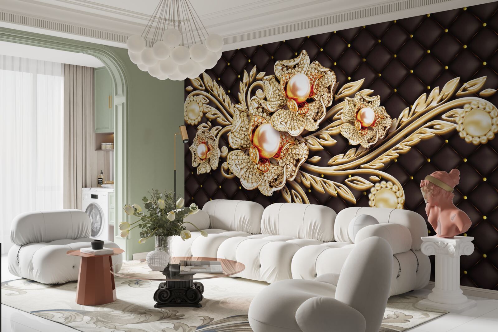 Carta da parati fiori d'oro decorati con pietre preziose