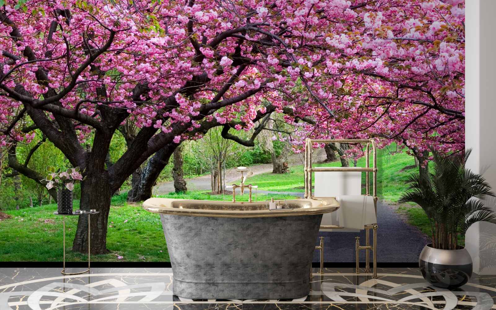 Carta da parati un viale del parco cosparso di fiori