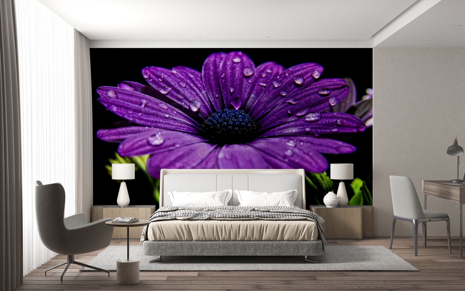 Carta da parati gocce d'acqua su un fiore di gerbera viola