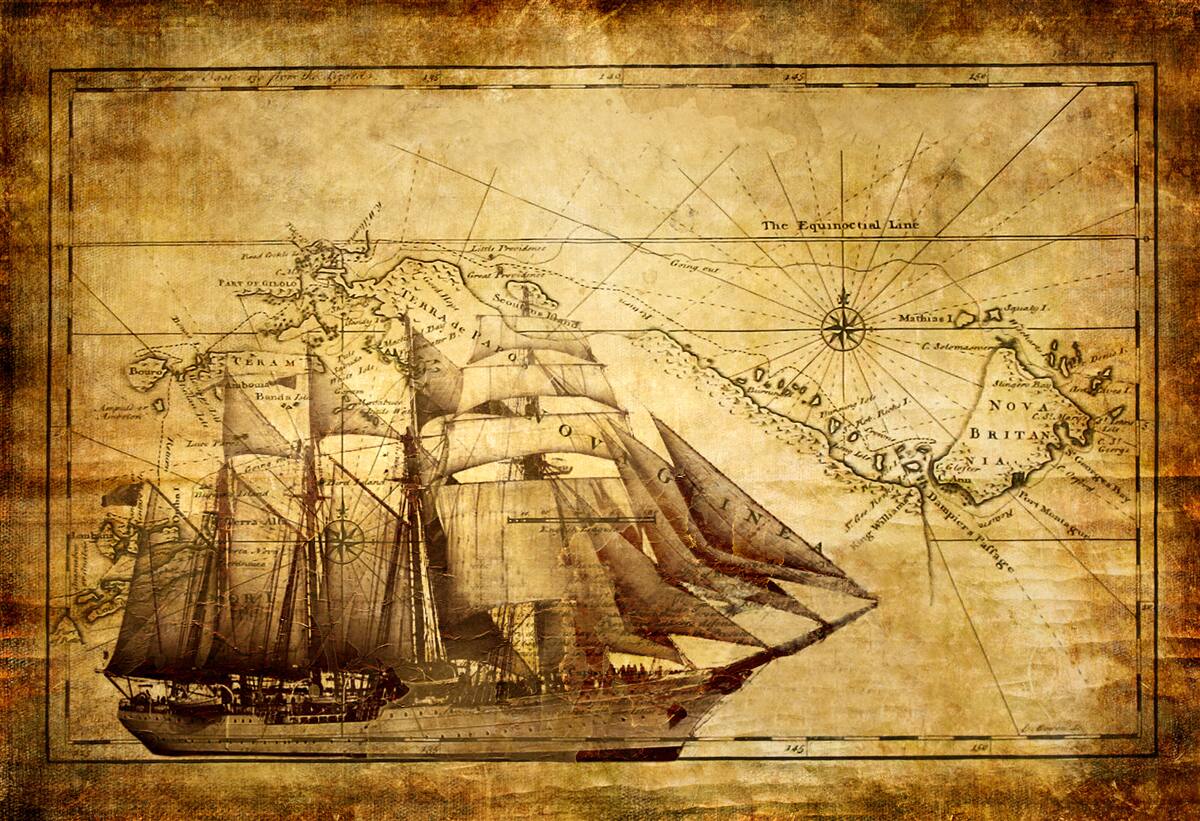 Carta da parati nave con vele su pergamena