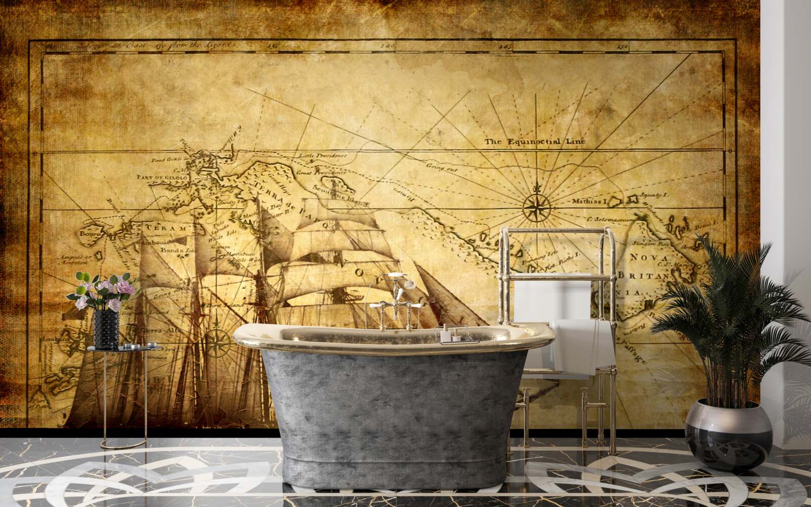 Carta da parati nave con vele su pergamena