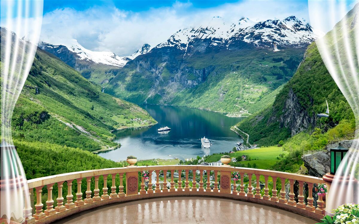 Carta da parati patio con vista panoramica sul torrente di montagna