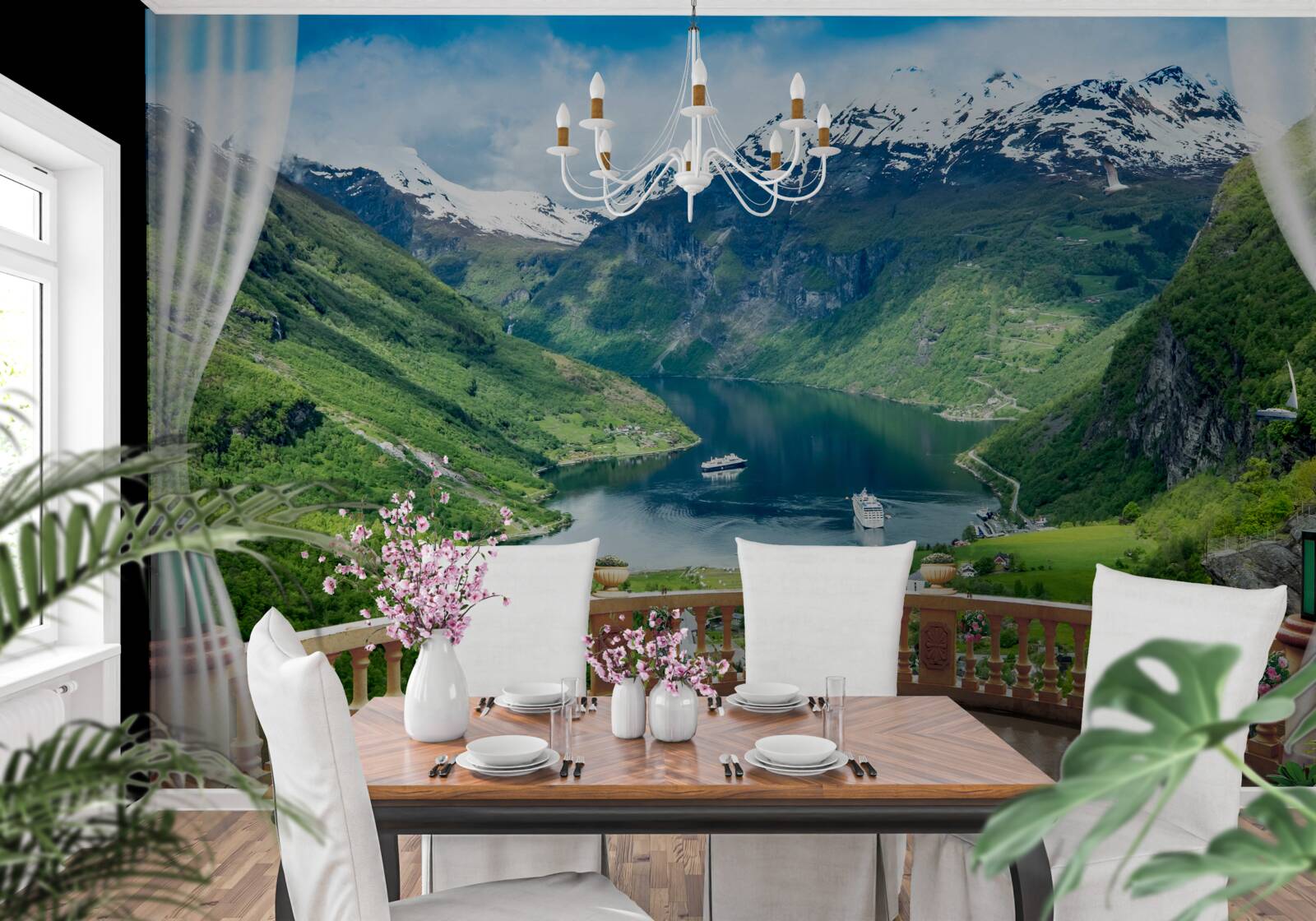 Carta da parati patio con vista panoramica sul torrente di montagna