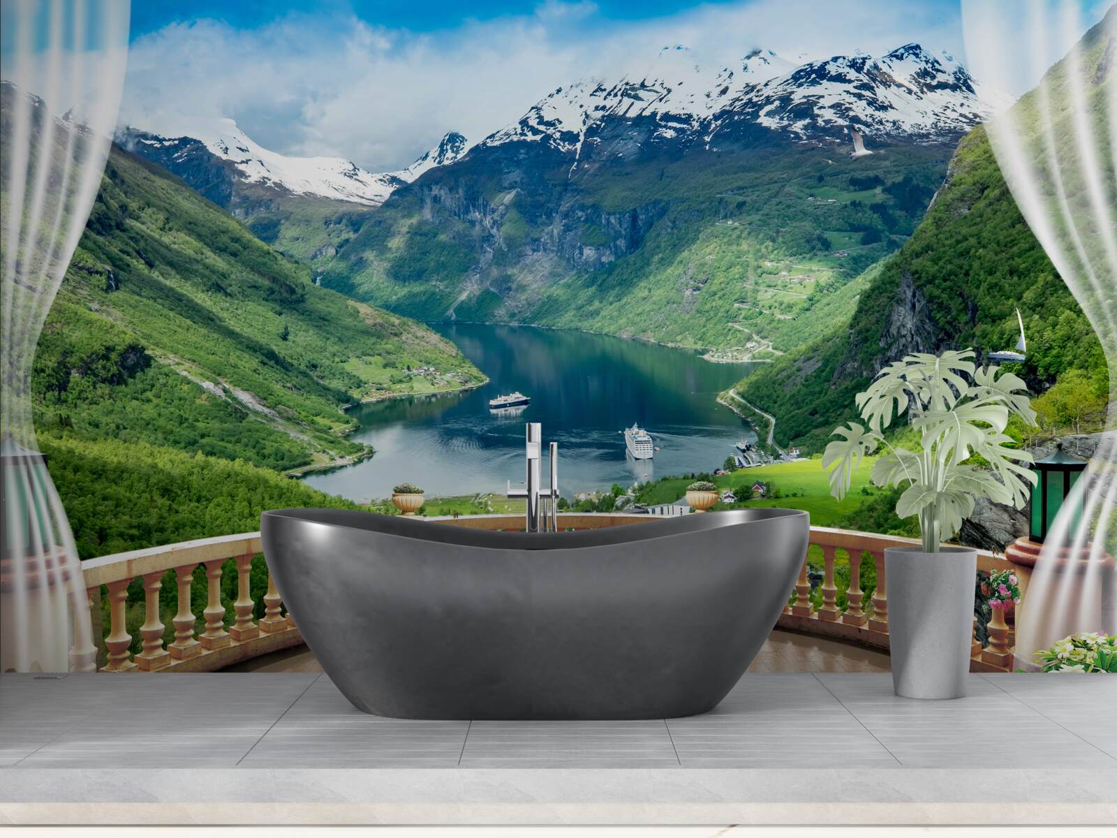 Carta da parati patio con vista panoramica sul torrente di montagna