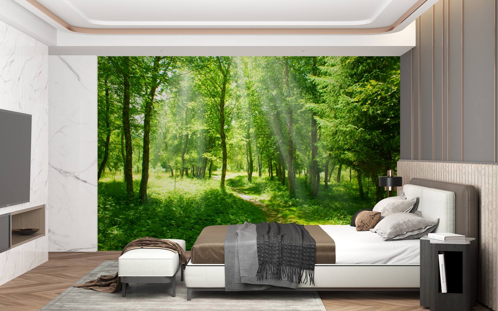 Carta da parati i raggi del sole risplendono attraverso le chiome degli alberi della foresta