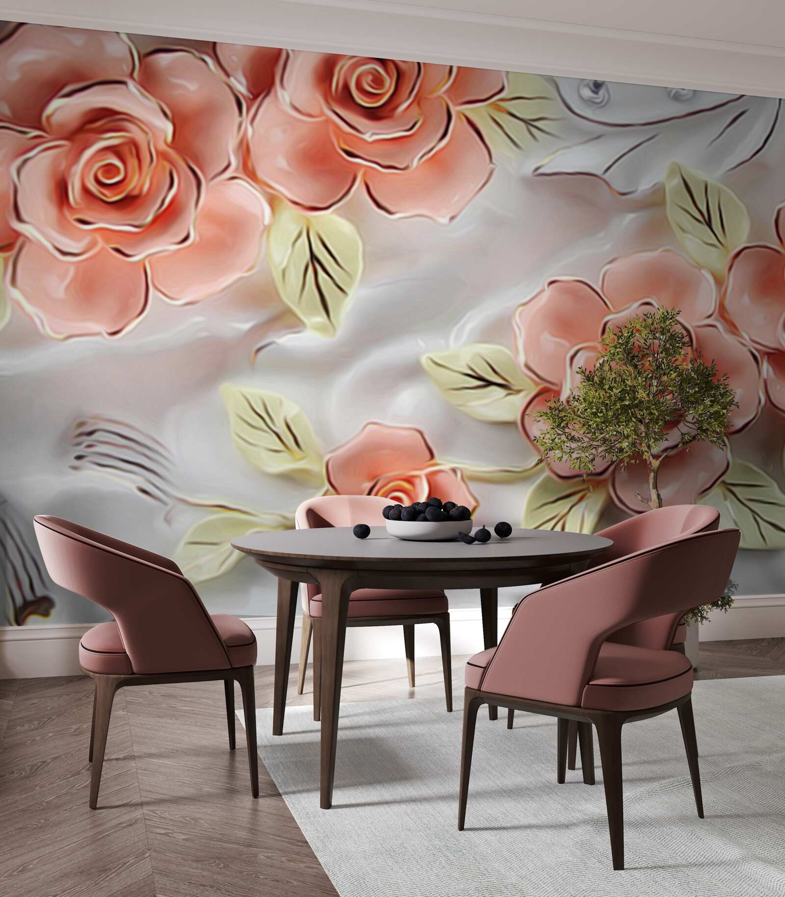 Carta da parati rose rosa con foglie verdi