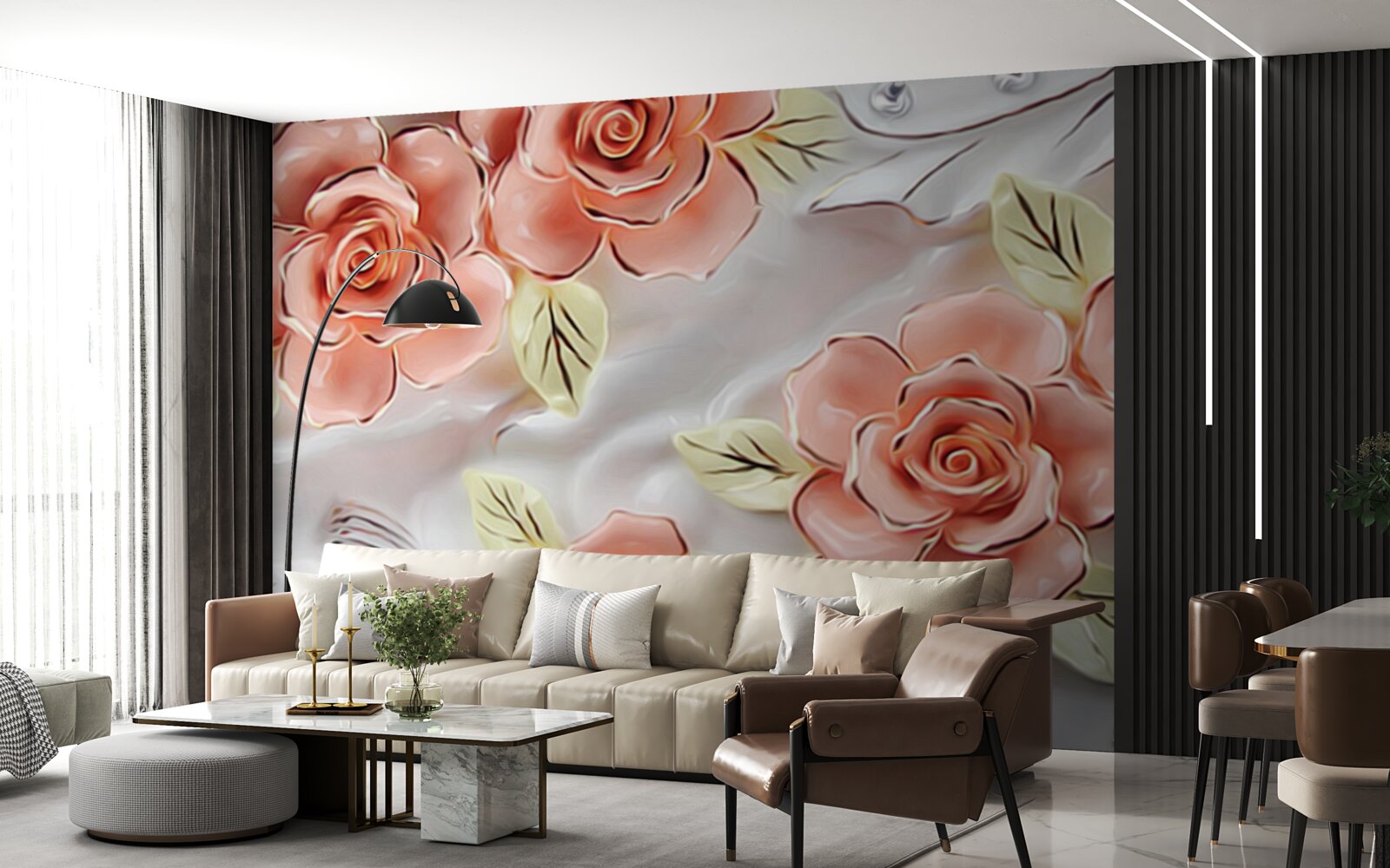 Carta da parati rose rosa con foglie verdi