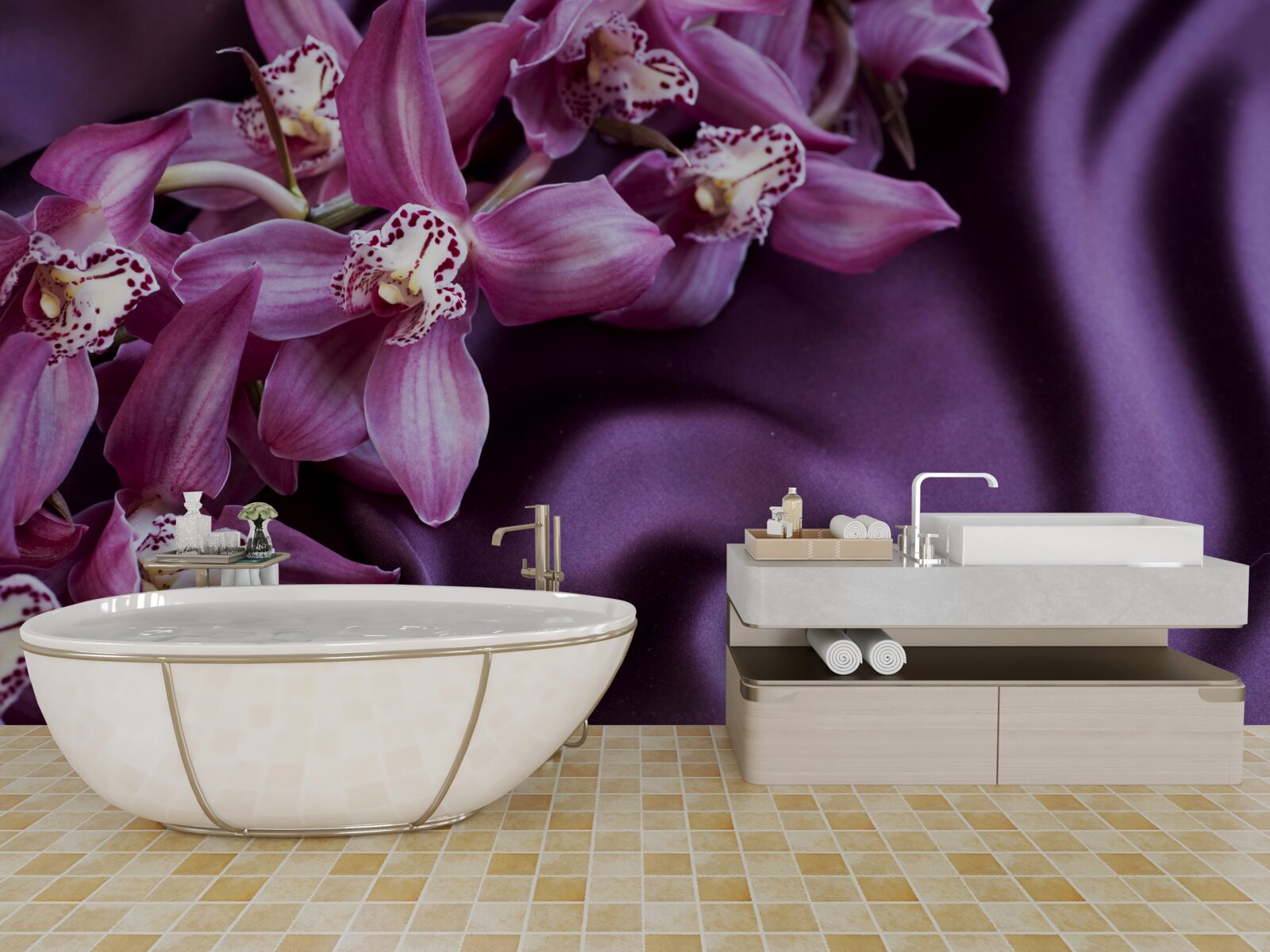 Carta da parati orchidee viola su raso della stessa tonalità