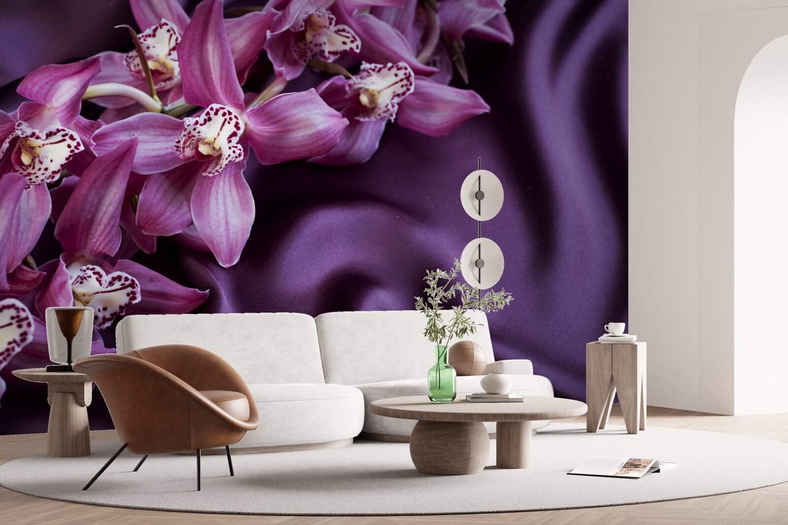 Carta da parati orchidee viola su raso della stessa tonalità