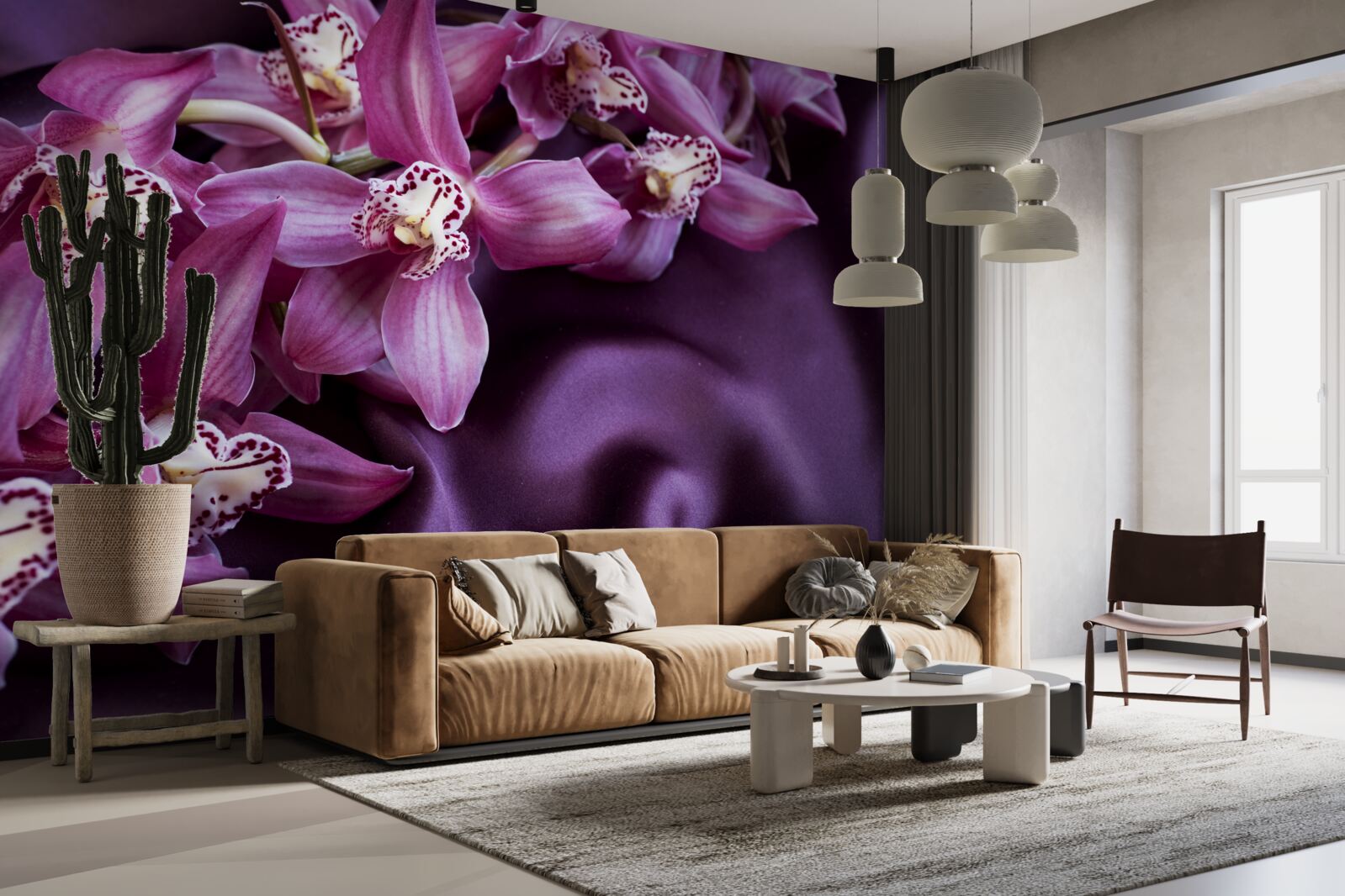 Carta da parati orchidee viola su raso della stessa tonalità