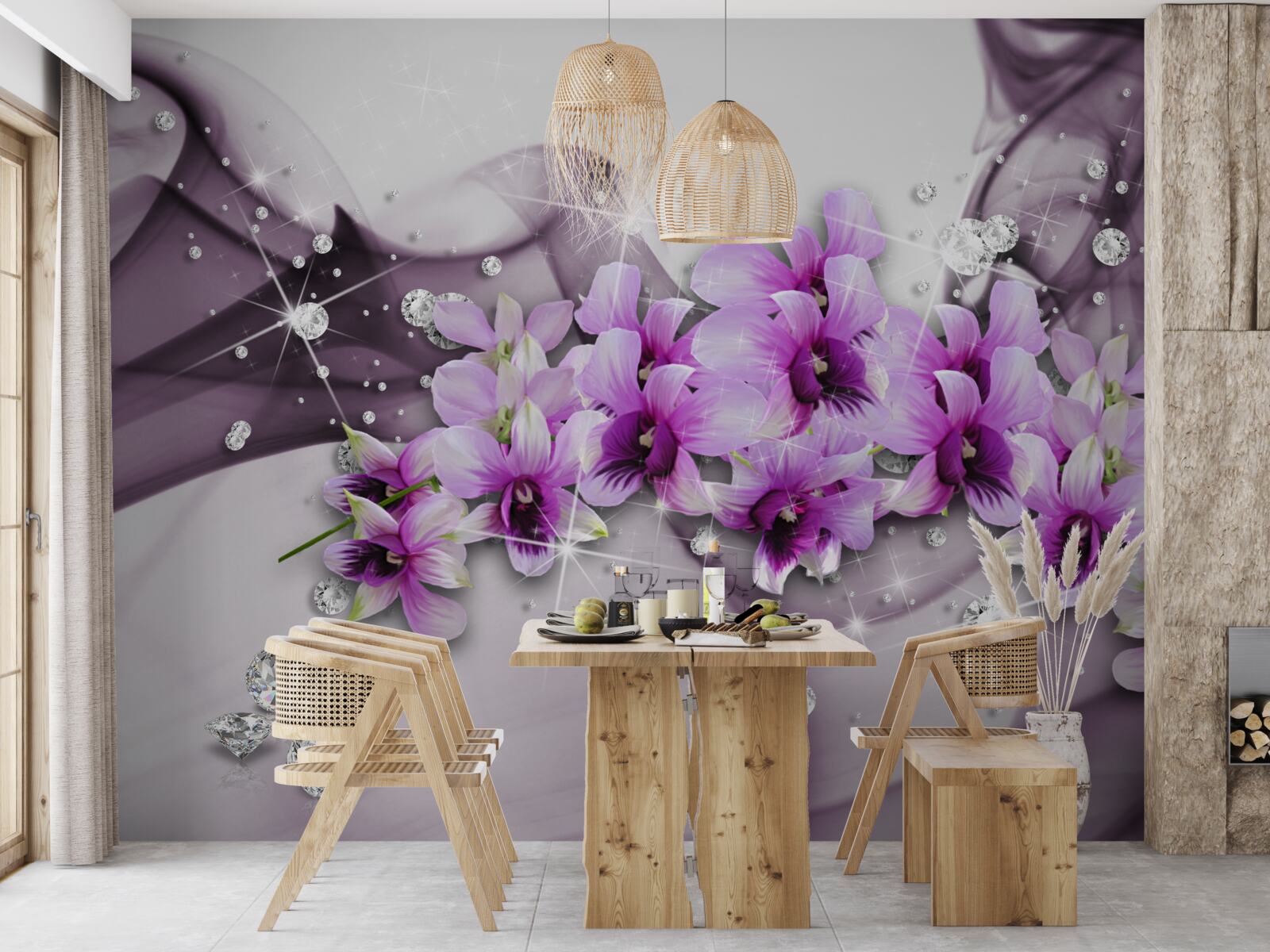 Carta da parati zirconi e fiori viola