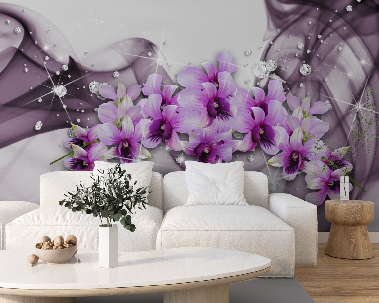 Carta da parati zirconi e fiori viola