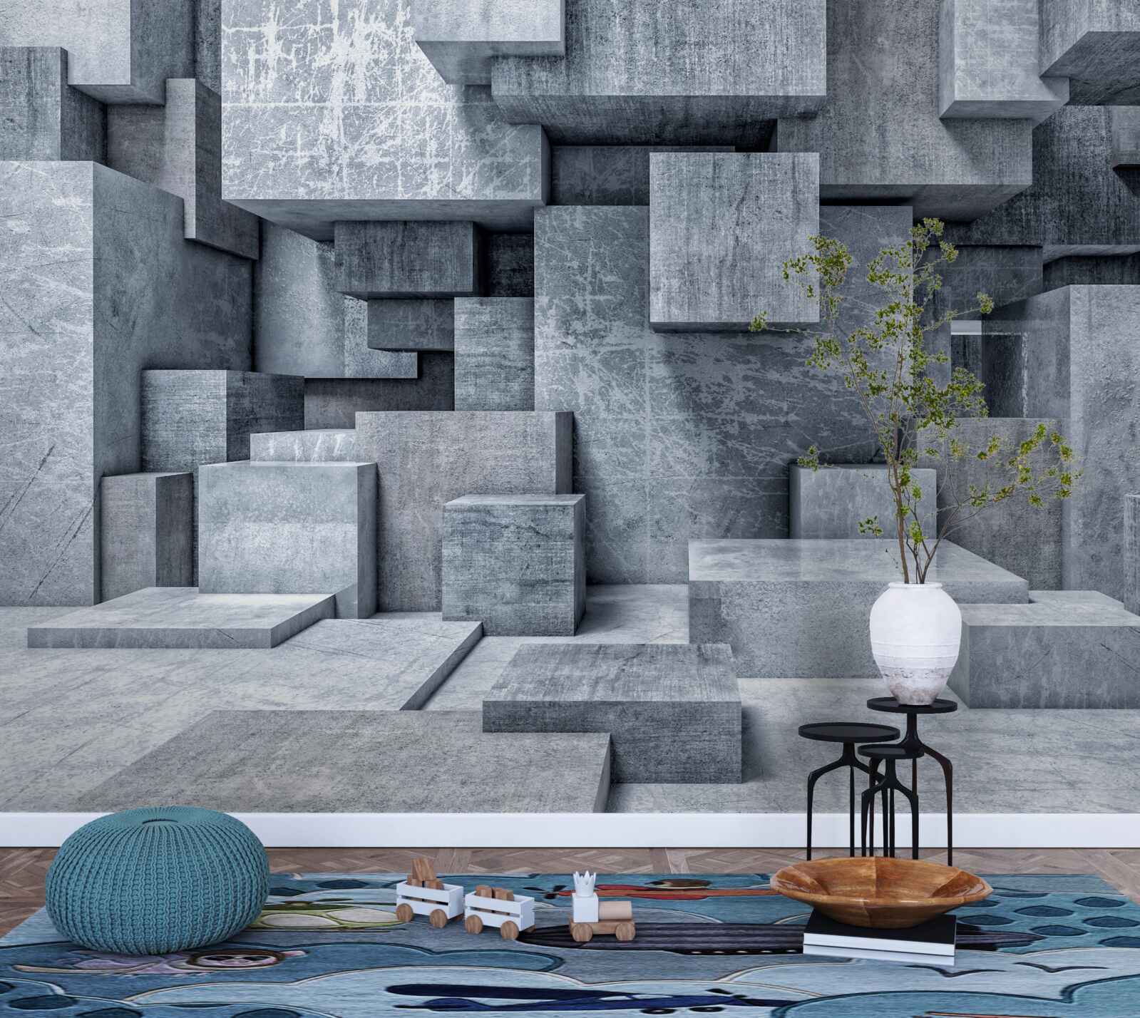 Carta da parati stanza con forme geometriche a forma di quadrati