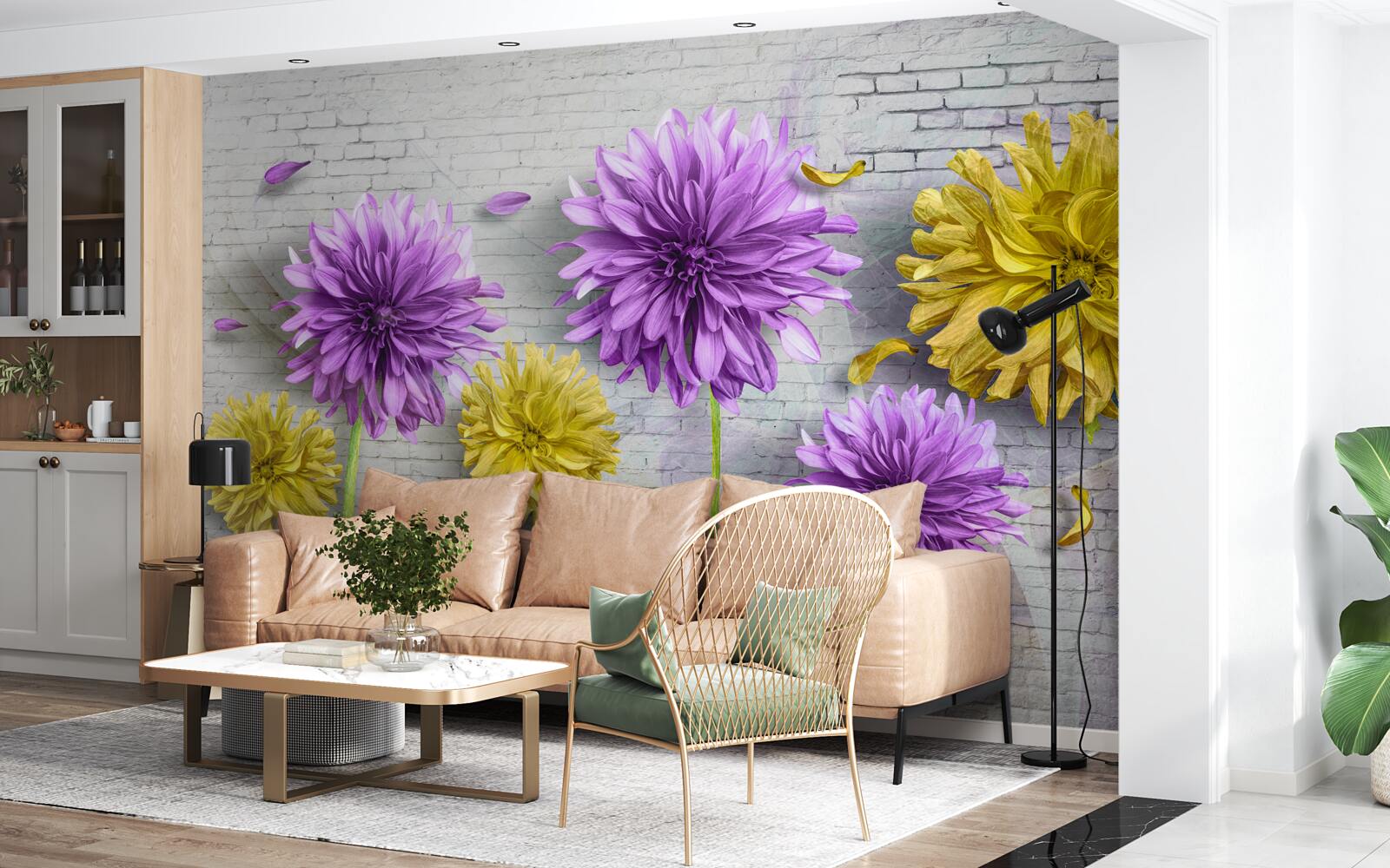 Carta da parati su un muro di mattoni sbocciano fiori nelle tonalità del viola e del giallo