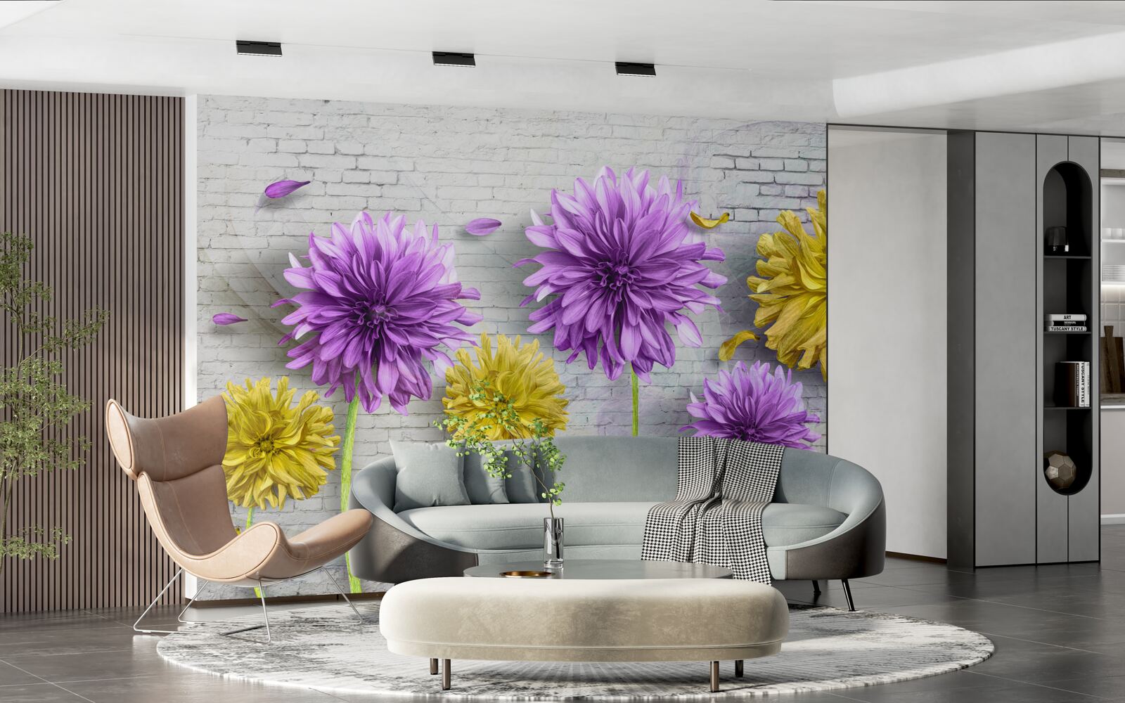 Carta da parati su un muro di mattoni sbocciano fiori nelle tonalità del viola e del giallo