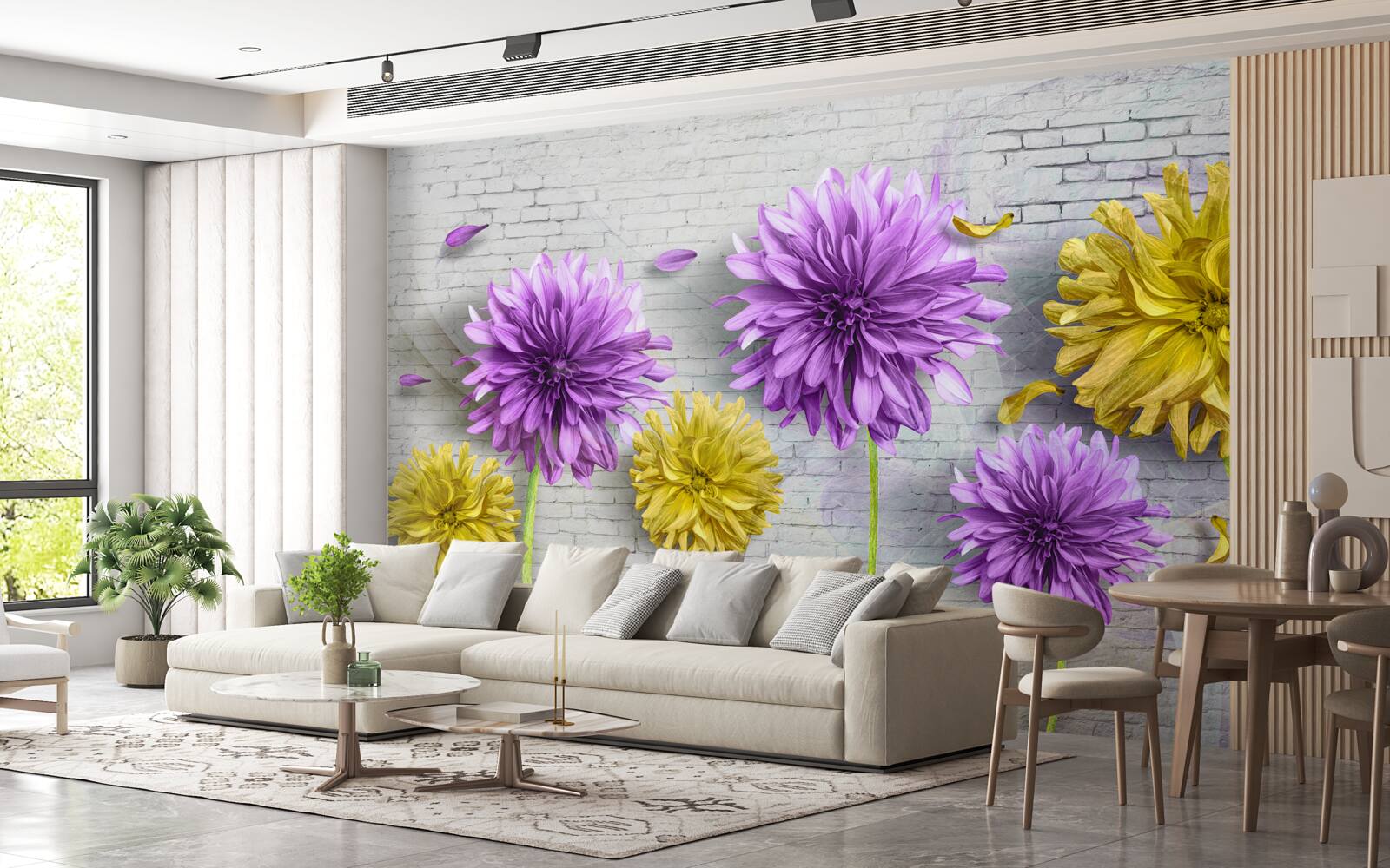 Carta da parati su un muro di mattoni sbocciano fiori nelle tonalità del viola e del giallo