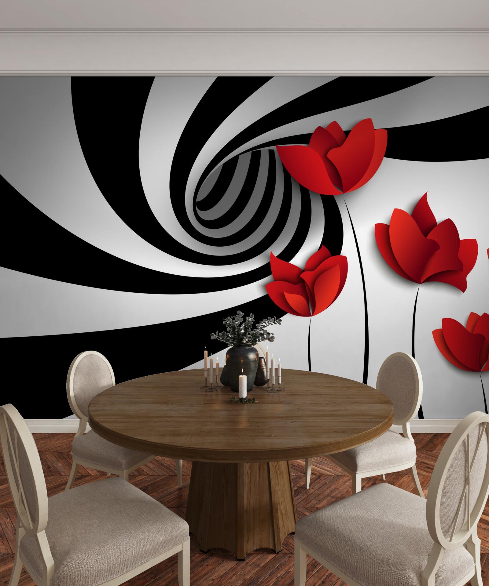 Carta da parati un tunnel in bianco e nero e una radura di papaveri scarlatti