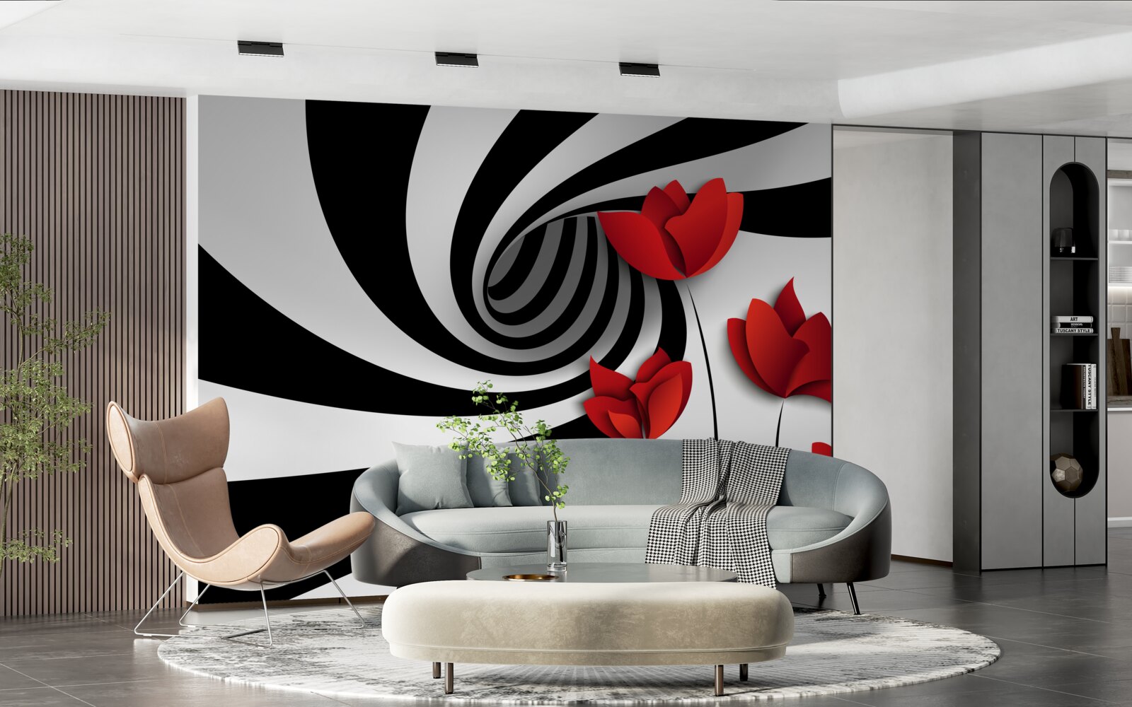 Carta da parati un tunnel in bianco e nero e una radura di papaveri scarlatti