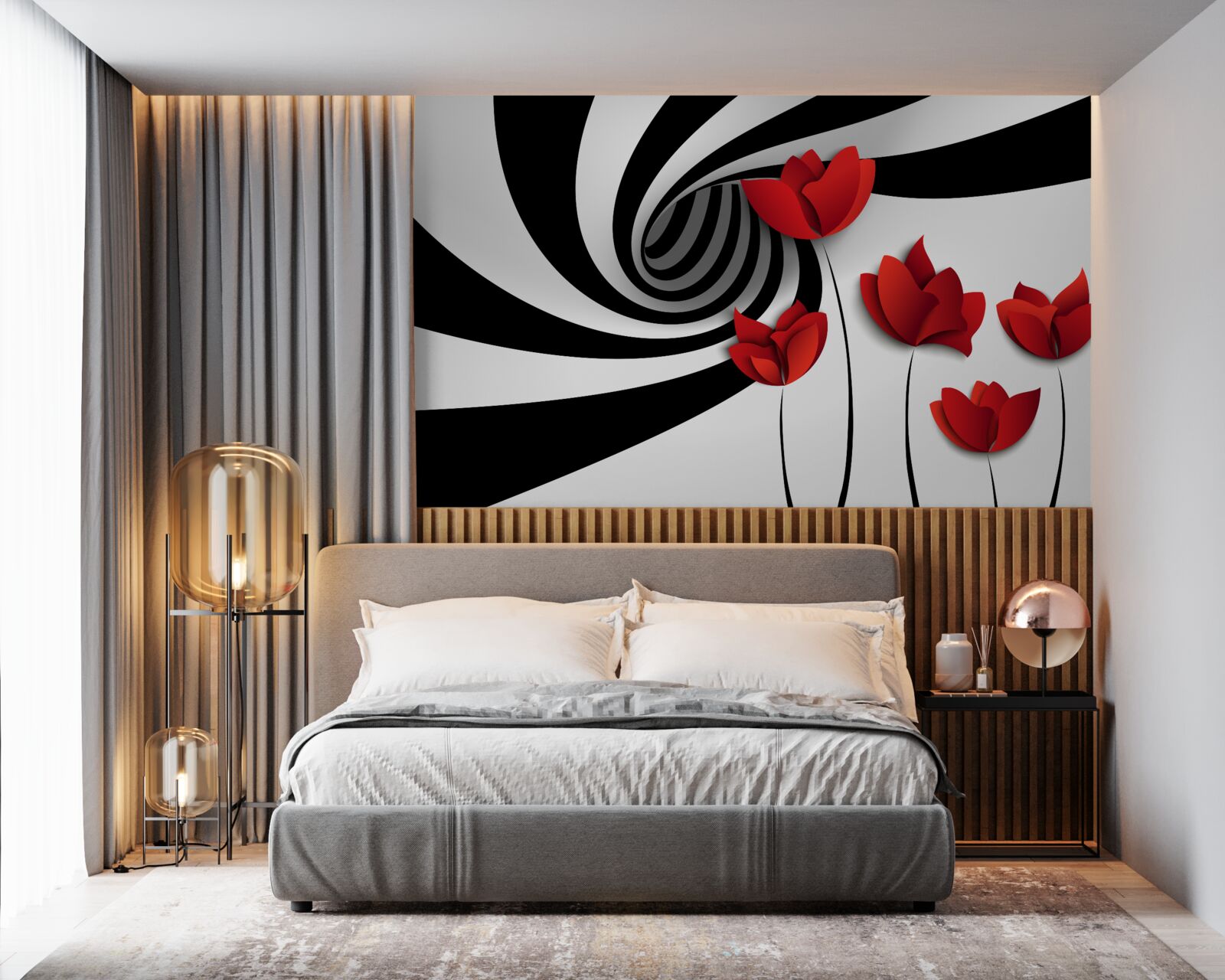 Carta da parati un tunnel in bianco e nero e una radura di papaveri scarlatti