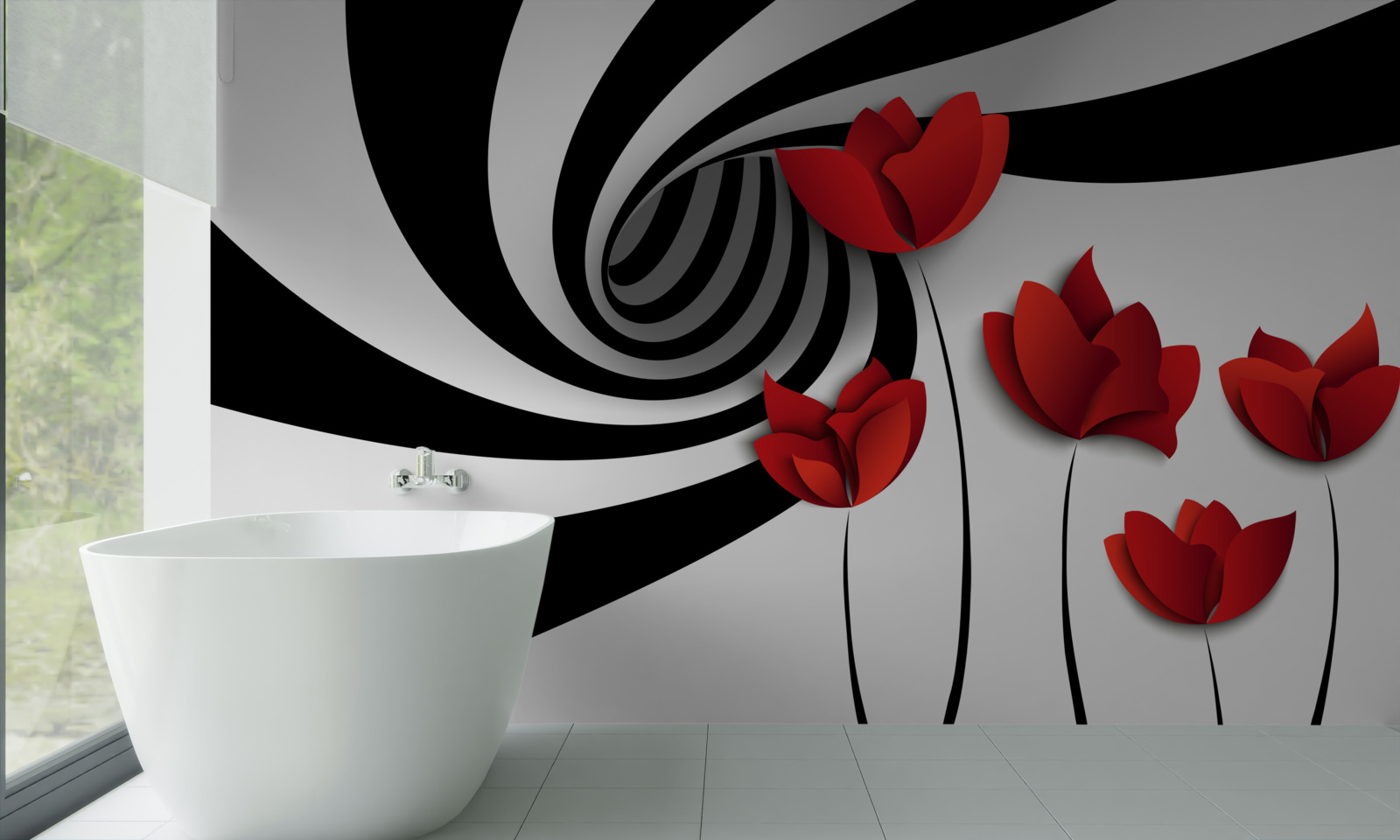 Carta da parati un tunnel in bianco e nero e una radura di papaveri scarlatti