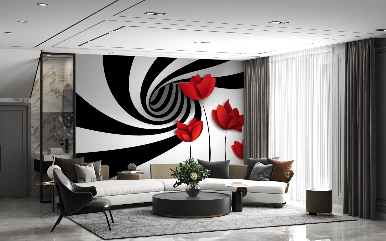 Carta da parati un tunnel in bianco e nero e una radura di papaveri scarlatti