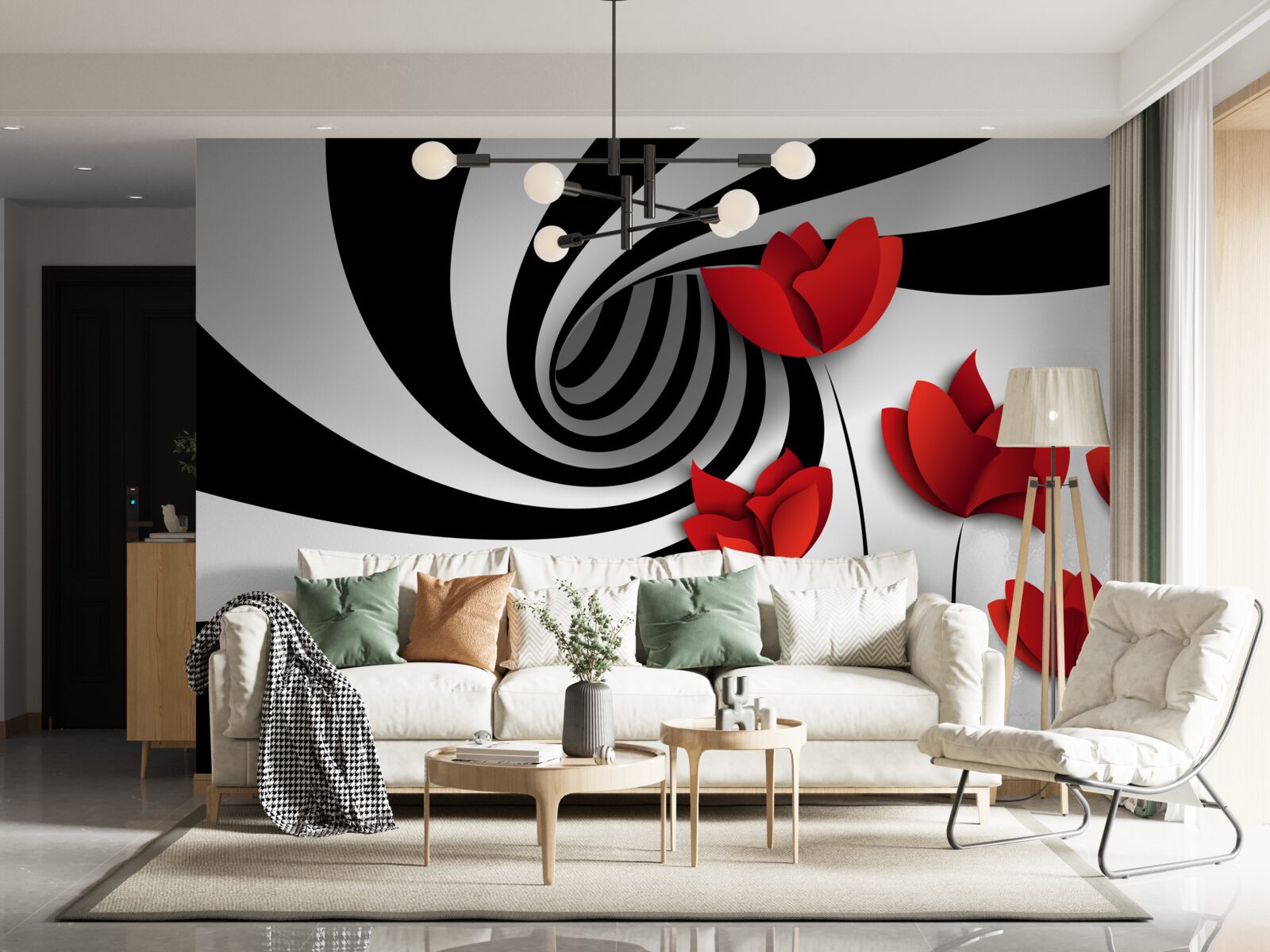 Carta da parati un tunnel in bianco e nero e una radura di papaveri scarlatti