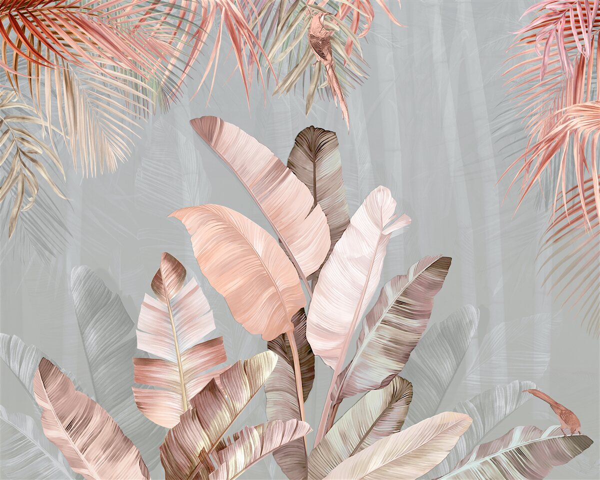 Carta da parati foglie tropicali dalla delicata tonalità rosa