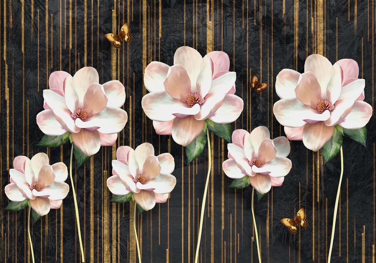 Carta da parati farfalle e fiori su sfondo nero oro