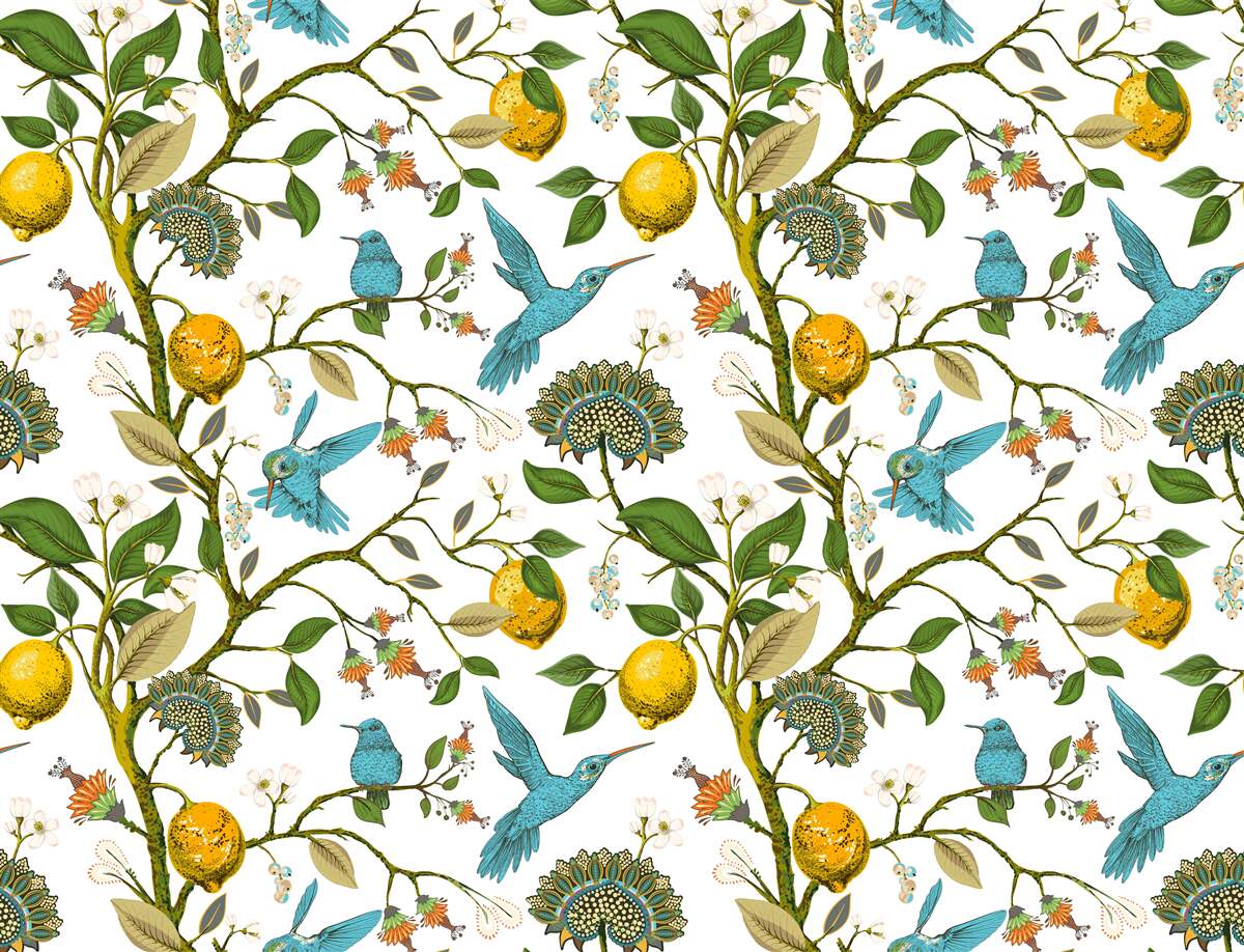 Carta da parati limoni e colibrì blu