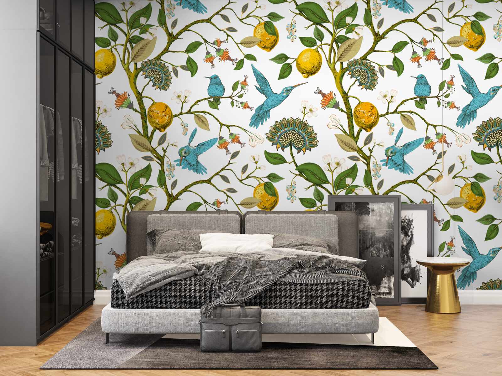 Carta da parati limoni e colibrì blu