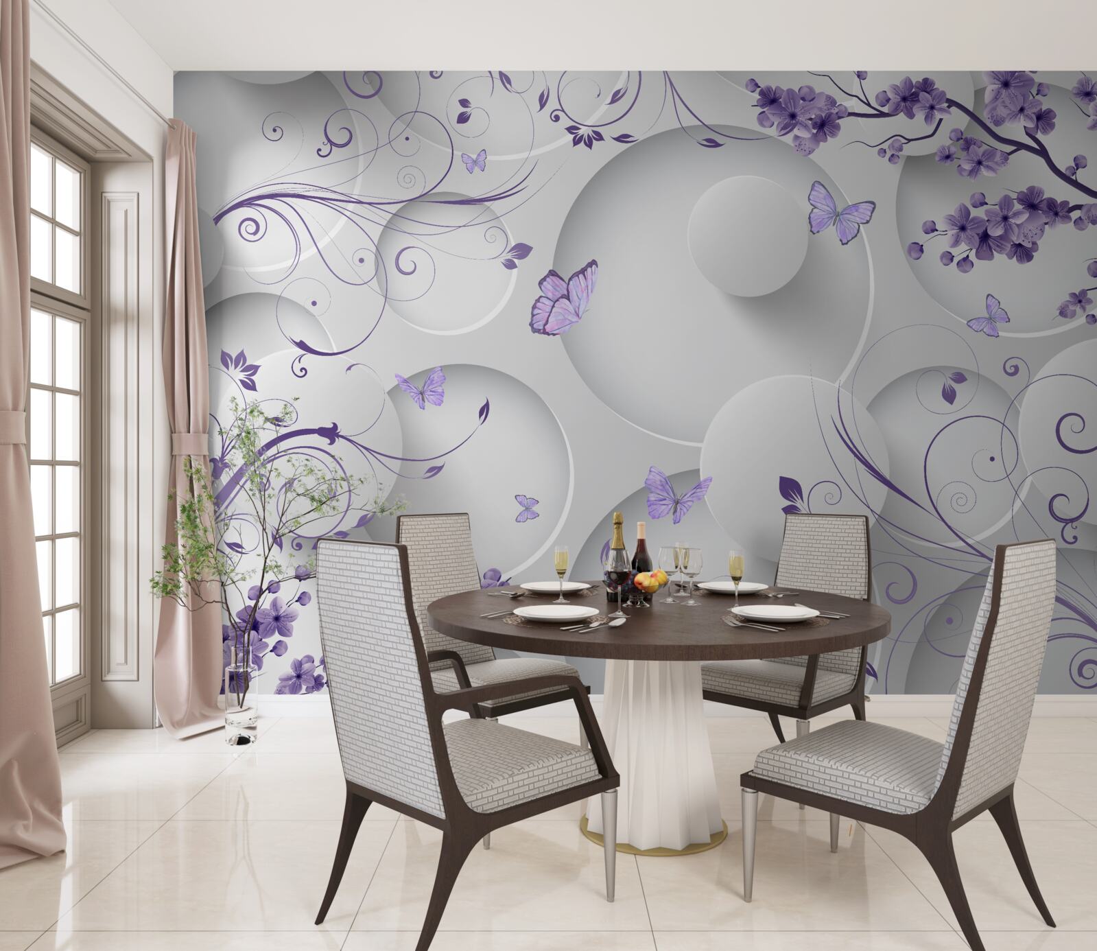 Carta da parati farfalle e fiori viola