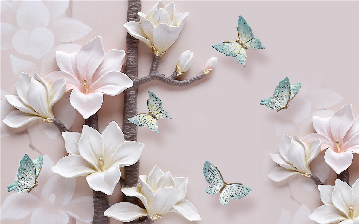 Carta da parati farfalle blu e fiori bianchi