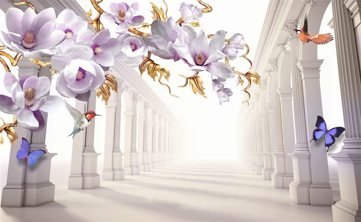 Carta da parati tunnel infinito decorato con fiori luminosi e farfalle