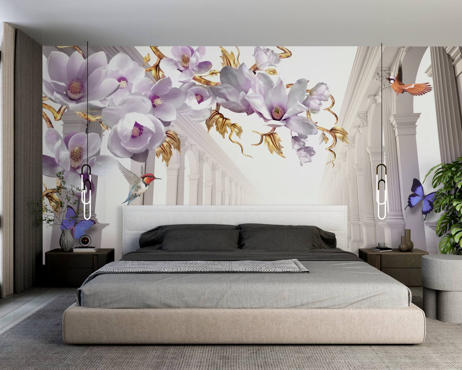 Carta da parati tunnel infinito decorato con fiori luminosi e farfalle