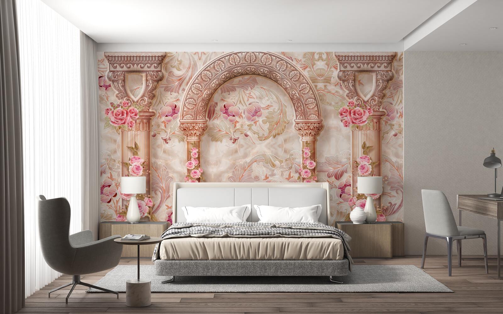 Carta da parati Arco decorato con fiori rosa