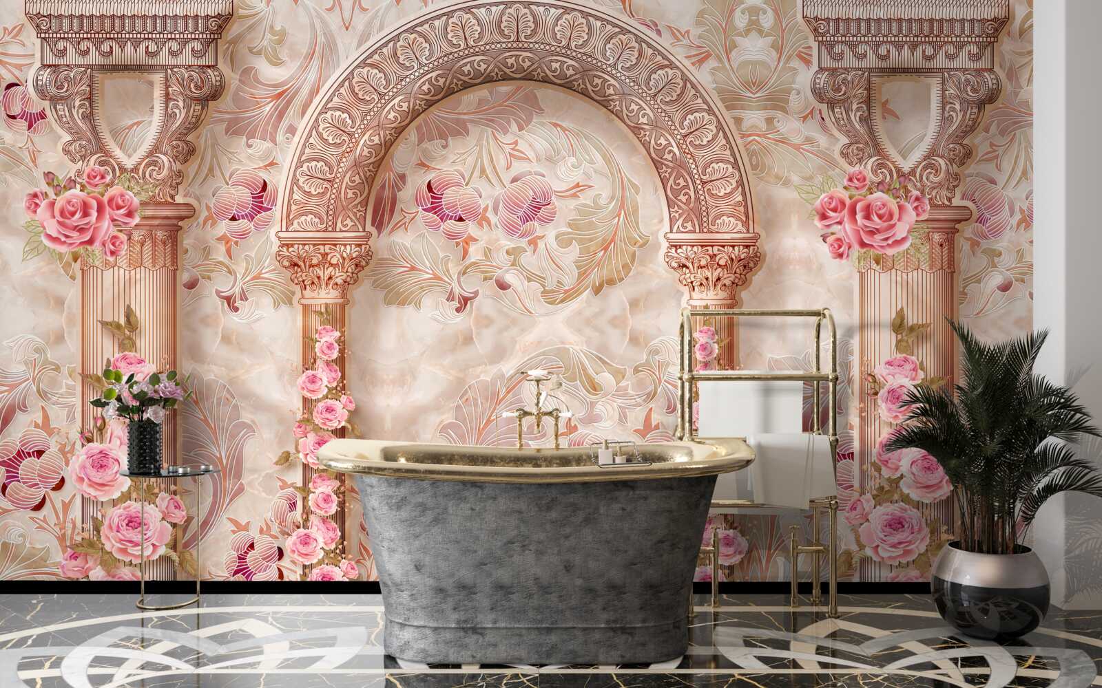 Carta da parati Arco decorato con fiori rosa