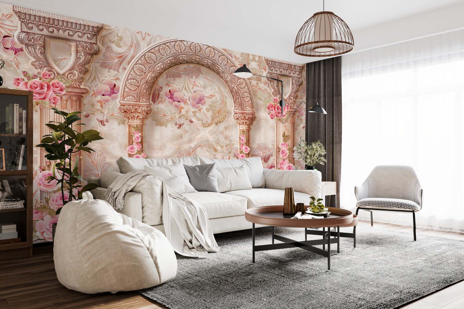 Carta da parati Arco decorato con fiori rosa